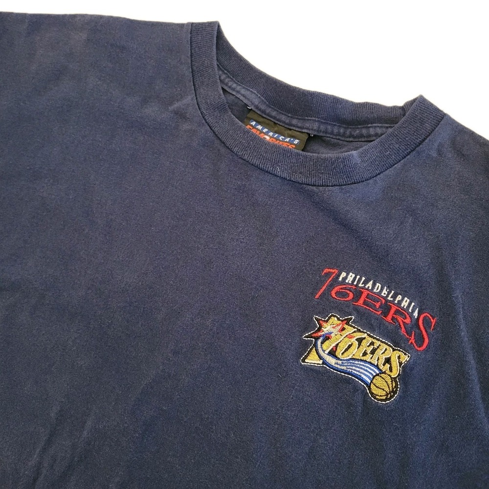 Vtg 76ers T-Shirt Embroidered Duel Logo American Favorites 100% Cotton Blue NBA